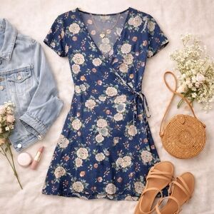 Aeropostale Navy Floral Wrap Dress Mini Womens Small Summer